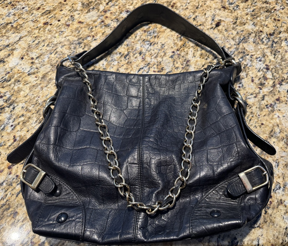 Adrienne Vittadini Large Black Textured Leather Hobo Satchel Shoulder Bag Slouch